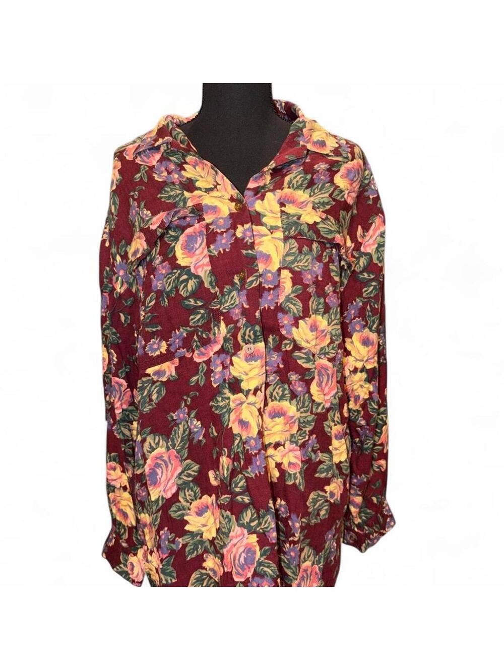 Vintage 90s White Stag Burgundy Floral Rayon Button Down Utility Shirt Medium M